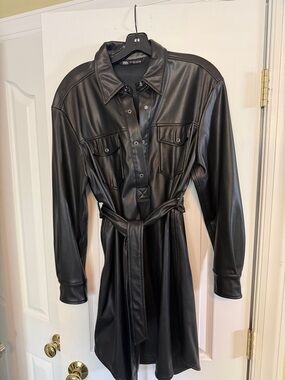 Zara Black Faux Leather Shirt Jacket with Self-Tie Belt